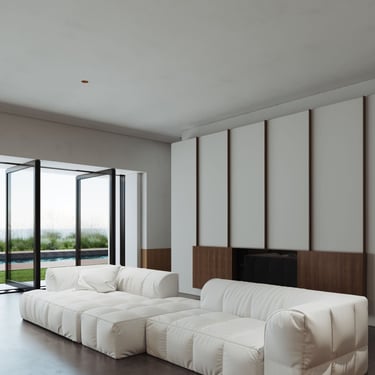 3D rendering of modern living room with modular white sofas, large windows, pool and greenery view.