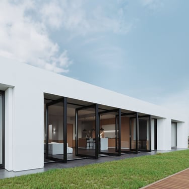 3D rendering of minimalist villa with large glass windows, open interior design, and wooden deck.