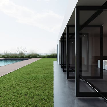 3D rendering of modern house with large glass windows, concrete walkway, green lawn, and pool with wooden deck.