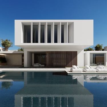 3D rendering of a modern villa with minimalist architecture, large vertical windows, reflective pool, and realistic lighting.