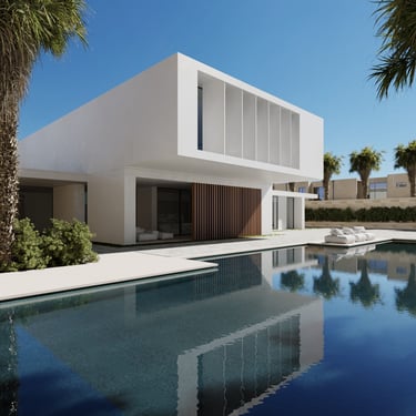 3D rendering of modern villa with minimalist architecture, clean lines, large windows, and a pool under bright lighting.