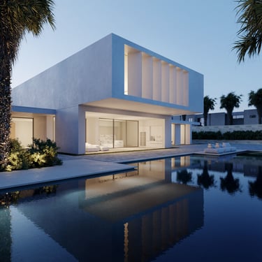 3D rendering of modern minimalist villa with clean lines, large windows, flat roof, soft evening lighting, and large pool.