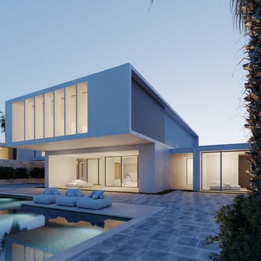3D rendering of modern villa with minimalist architecture, large windows, clean lines, and soft lighting.