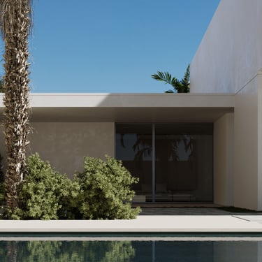 3D rendering of modern minimalist villa with clean lines, flat roof, large windows, natural lighting, shadows, and big pool.