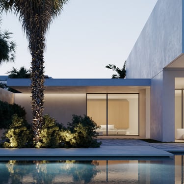 3D rendering of modern villa with minimalist architecture, large windows, sleek lines, evening lighting, and landscaped pool.