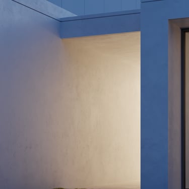 3D rendering of modern minimalist villa with clean lines, smooth surfaces, large windows, and soft lighting.
