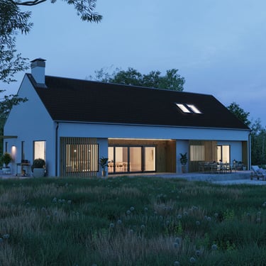 Modern, single-story house with dark roof, white exterior, large windows, and landscaped garden at dusk.