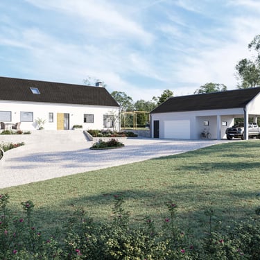 Modern single-story house with white exterior, dark roof, and landscaped garden in residential area.