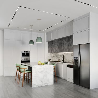 Modern kitchen with white cabinets, marble island, green stools, stainless fridge, pendant lights, and gray flooring.