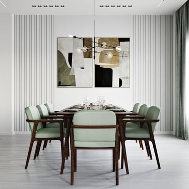 Dining room with rectangular table, light green chairs, chandelier, abstract paintings, paneling, and large window.