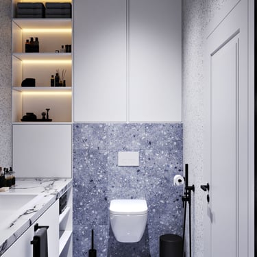 Modern bathroom with wall-mounted toilet, marble sink countertop, blue terrazzo tiles, and built-in lights.