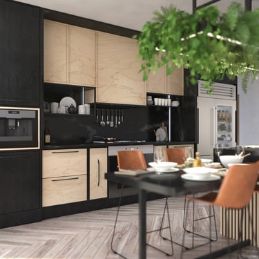 Modern kitchen with light wood and black cabinetry, sleek black countertop, open shelving, and built-in microwave.