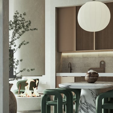 3D rendering of modern kitchen with marble table, green chairs, built-in fireplace, and white pendant light.