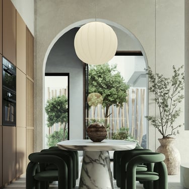 3D rendering of dining area with marble table, green chairs, pendant light, and arch doorway revealing garden.