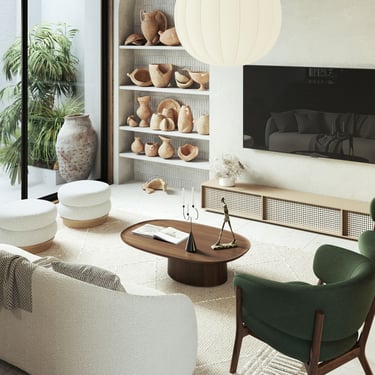 3D rendering of modern living room with neutral and green tones, pendant light, built-in shelves with pottery, and cozy sofa.