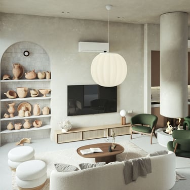 3D rendering of modern living room with beige sofa, green chairs, decorative pottery, and pendant light above table.