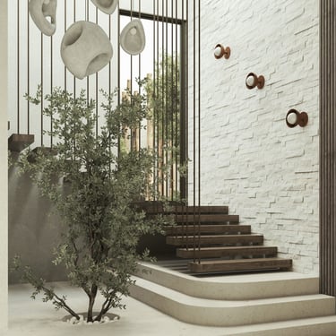 3D rendering of modern minimalist space with wooden staircase, white stone wall, indoor plant, and natural light.