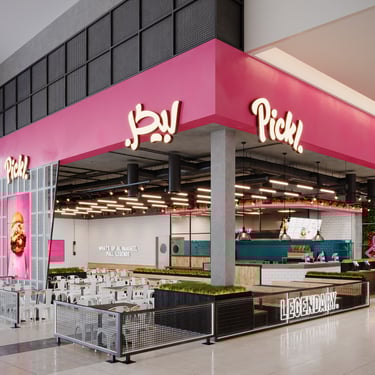 Exterior 3D Rendering of Pickl fast-food branch with pink branding. Created by VISUALISE 3D Rendering Services.