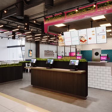 3D Rendering of Pickl fast food branch with tiled counters, wood tables, and pink accents. Created by VISUALISE 3D Rendering