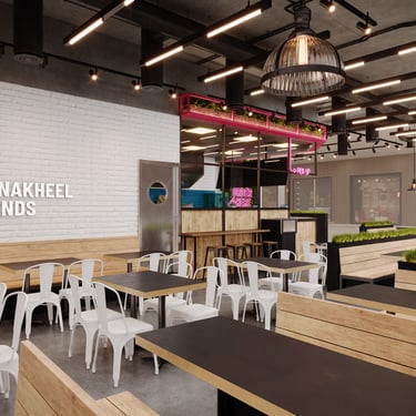 3D Rendering of Pickl fast food branch with black tables, white chairs, wood accents. Created by VISUALISE 3D Rendering.
