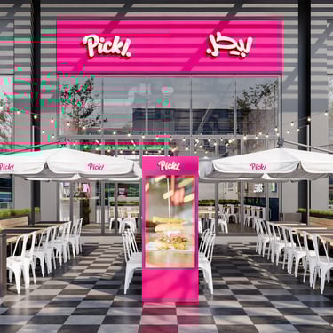 3D Exterior rendering of Pickl Uwalk with pink signage, checkered flooring, and white umbrellas. Created by VISUALISE.