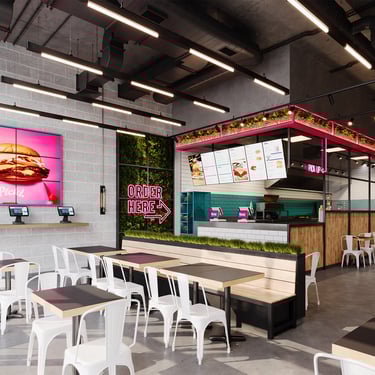3D Rendering of Pickl Uwalk branch with concrete floors, metal chairs, kiosks, and pink signage. Created by VISUALISE.