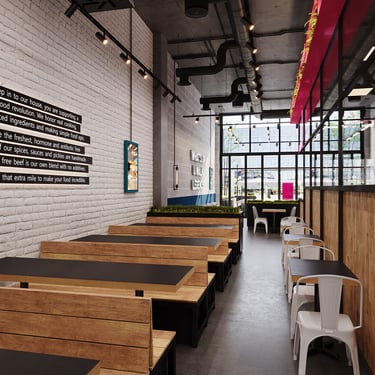 3D Rendering of Pickl Uwalk branch with white brick walls, wood booths, and pink overhead accents. Created by VISUALISE.