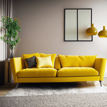 a yellow couch in a living room with a plant in the background