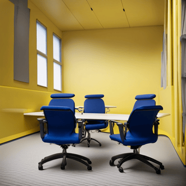 a conference room with blue chairs and a table