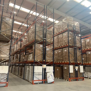 tall pallet racking in narrow aisle configuration with rack end protectors  
