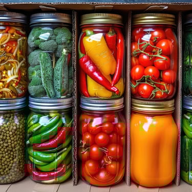 Assorted jars of preserved vegetables and peppers for food preservation and long-term emergency food storage