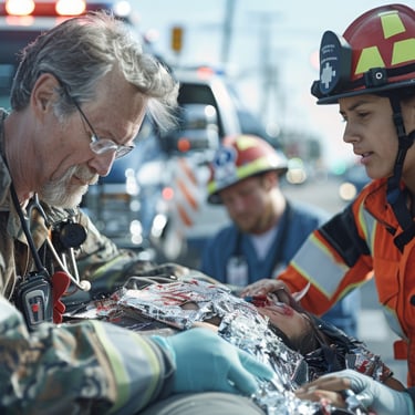 First responders giving emergency medical aid to injured person, highlighting disaster preparedness and survival training