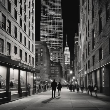 A busy street scene with people walking past a store that promotes outdoor, action, and travel activities. The store has a brick exterior and large windows displaying advertisements for walking. Pedestrians are wearing jackets, one with a bright yellow and green coat, another with a pink jacket, and several people in casual attire.