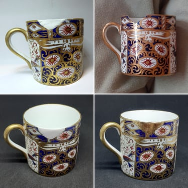 Mini coffee mug before during and after conservation with kintsugi repair