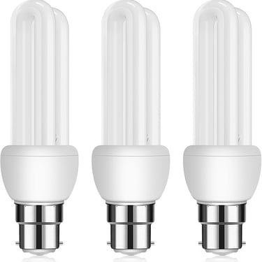 Three energy-efficient CFL light bulbs with B22 bayonet cap bases on a white background.