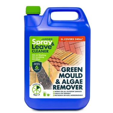 Jarder Spray and Leave 5L green mould and algae remover bottle for outdoor patio and deck cleaning.