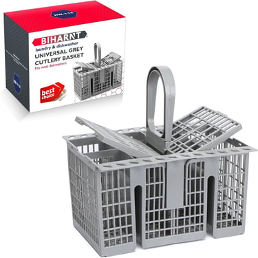 Universal grey cutlery basket replacement for dishwashers with handle and foldable lids.