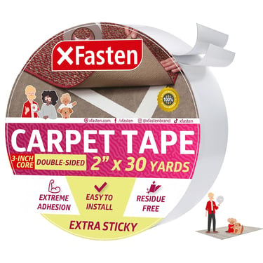 Roll of white XFasten double-sided carpet tape for area rugs and mats on hardwood floors.