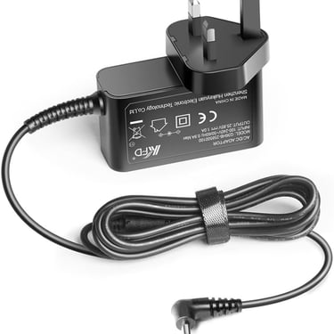 a black and white power supply plugged into a wall charger