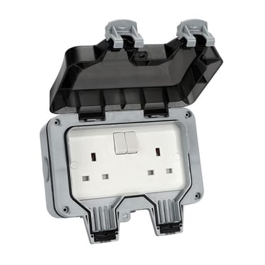 a black and white electrical outlet on a white background