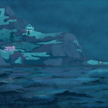 cover illustration of houses on the distant shore of the sea at night