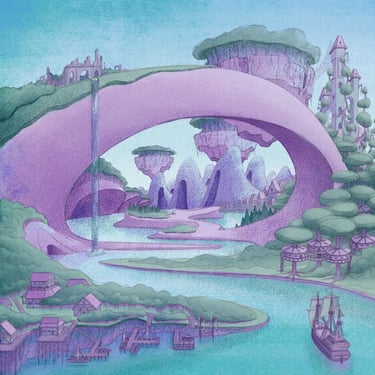 cover illustration of a fantasy world with a treetop village, ancient ruins, and floating islands