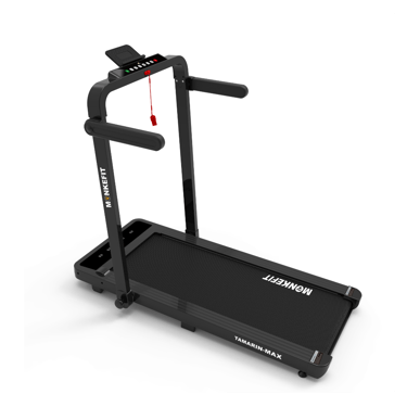 Black MonkeFit Tamarin-Max folding treadmill with digital display for home gym cardio workouts.