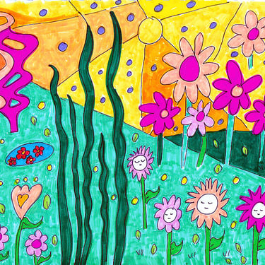 abstract hand drawn landscape with flowers and sun in sky