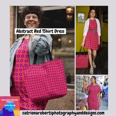 Three models wearing a T Shirt Dress and carrying a Tote Bag featuring the Abstract Red design 