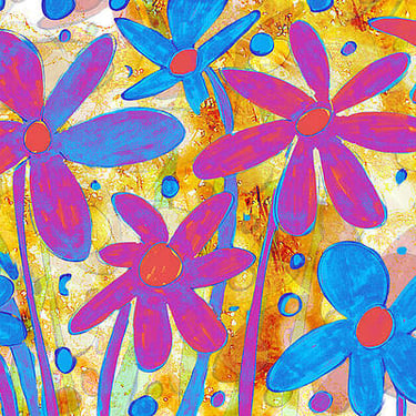 abstract flowers and shapes in pink and blue 