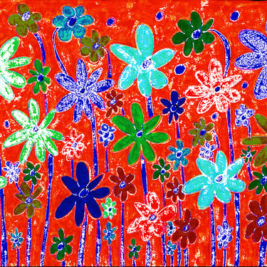 abstract hand drawn flowers in various shapes and colours on bright textured background