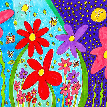 abstract hand drawn flowers, insects and moon  
