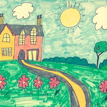 abstract hand drawn house and garden with flowers , tree and foliage and sun in sky