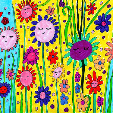 abstract hand drawn flowers with faces on coloured background